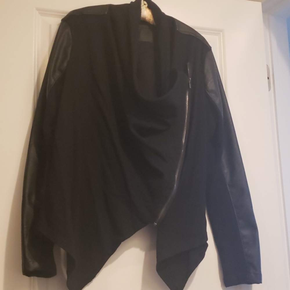 Petite XL black faux leather cowl neck moto jac